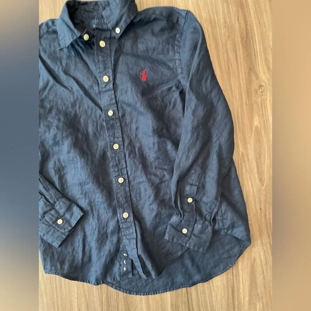 Polo Ralph Lauren Boys Newport Navy linen button down long sleeve shirt size M